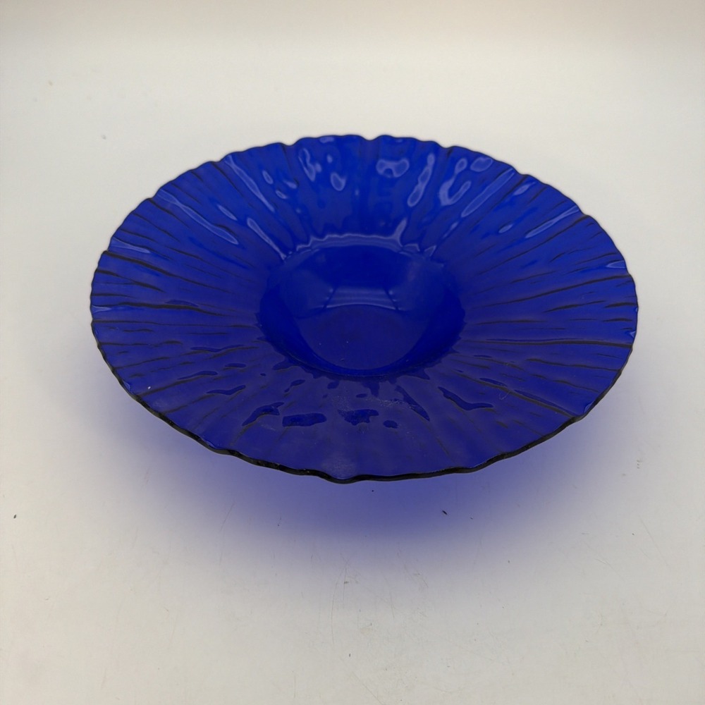 Vintage 1981 Cobalt Blue Art Glass Bowl Ruffled Ribbed Textured Signed 11.5"
